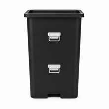 Load image into Gallery viewer, Heavy-duty, black rectangular plastic trash can with a wide, open top, reinforced rim, and large solid side handle, designed specifically for refuse chute systems.