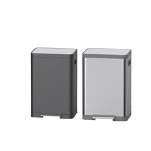 Load image into Gallery viewer, Two kitchen trash cans in gray and stainless steel finishes, featuring modern designs and durable construction for everyday waste management