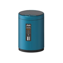 Load image into Gallery viewer, round blue step-pedal trash / rubbish bin, compact cylindrical waste bin with soft-close lid for kitchen, bathroom or office