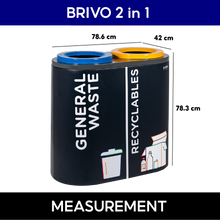 Load image into Gallery viewer, BRIVO 2-in-1 dual compartment recycling bin for general waste and recyclables, modern indoor waste separation bin with color-coded lids