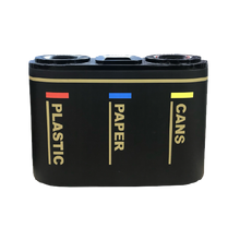 Load image into Gallery viewer, lack Brivo 3-in-1 recycling bin with separate compartments for plastic, paper, and cans, marked with corresponding labels.