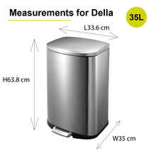 Load image into Gallery viewer, 35L stainless steel Della trash / rubbish bin with dimensions labeled 33.6cm by 35cm by 63.8cm