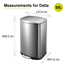 Load image into Gallery viewer, 50L Della stainless steel trash / rubbish step-on bin with dimensions labeled 37.6cm by 41.6cm by 69.2cm