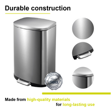 Load image into Gallery viewer, Metal trash / rubbish step-on bin with durability features highlighted