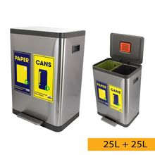 Load image into Gallery viewer, Dual-compartment stainless steel recycling bin with labeled sections for paper and cans, featuring removable inner buckets and pedal operation