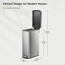 Load image into Gallery viewer, EKO Stainless steel trash/rubbish bin  with dimensions 25cm x 47.5cm x 62.5cm when the lid is open fully the bin can reach to 103.6cm