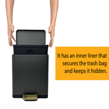 Load image into Gallery viewer, Hands lifting inner liner from pedal trash bin, showing hidden bag system that keeps waste neatly secured and out of sight