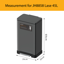 Load image into Gallery viewer, JH8858 Lase 45L rectangular pedal trash bin in dark grey with modern design and measurement illustration