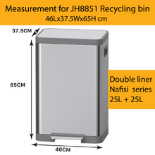 Load image into Gallery viewer, JAVA Nafisi JH8851 dual compartment recycling / trash/ rubbish bin dimensions, 46cm length, 37.5cm width, 65cm height, stainless steel trash can with 25L + 25L inner bins