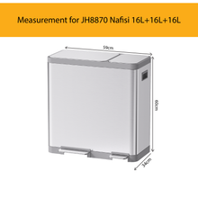 Load image into Gallery viewer, JAVA Nafisi JH8870 triple compartment stainless steel trash / rubbish bin dimensions, 59cm length, 34cm width, 60cm height, 16L+16L+16L kitchen recycling bin