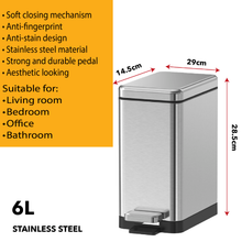 Load image into Gallery viewer, JAVA 6L stainless steel step-on trash / rubbish bin with soft-close lid, anti-fingerprint and anti-stain finish, compact pedal bin for bathroom, bedroom, or office use with dimensions
