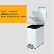 Load image into Gallery viewer, JAVA compact soft-close step-on trash / rubbish bin with quiet lid mechanism, small kitchen or bathroom bin designed to prevent slamming and reduce noise