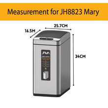 Load image into Gallery viewer, JH8823 Mary compact stainless steel sensor trash bin with touchless lid and measurement guide