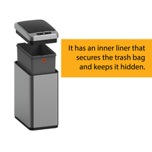 Load image into Gallery viewer, Stainless steel sensor trash bin with removable inner liner that neatly holds and conceals the trash bag for a clean look