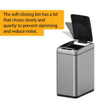 Load image into Gallery viewer, Compact stainless steel sensor trash bin with soft-closing lid for quiet, gentle operation and reduced noise
