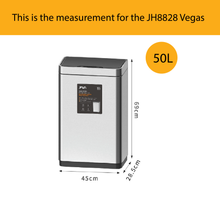 Load image into Gallery viewer, 50L JH8828 Vegas stainless steel sensor trash bin with sleek rectangular design and measurement illustration