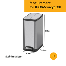 Load image into Gallery viewer, 30L stainless steel pedal trash bin with slim rectangular design and soft-close lid, shown with measurement diagram