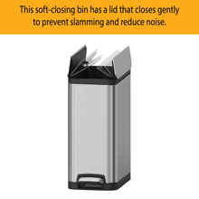 Load image into Gallery viewer, Soft-close stainless steel trash bin with dual-opening lid, designed for quiet, gentle closing to reduce noise and prevent slamming