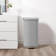 Load image into Gallery viewer, EKO stainless steel step-on trash/rubbish can in a room beside a white cabinet