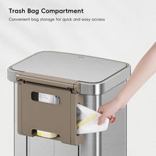 Load image into Gallery viewer, EKO stainless steel trash/rubbish bin with a trash bag compartment behind the bin, convenient bag storage for quick and easy access