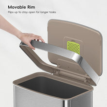 Load image into Gallery viewer, EKO Stainless steel trash/rubbish can with a movable rim feature that flips up to stay open for longer tasks