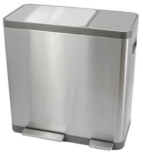 Load image into Gallery viewer, dual compartment stainless steel trash / rubbish bin, step-pedal operated recycling bin with two sections, modern kitchen waste sorter, sleek brushed metal finish