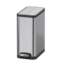 Load image into Gallery viewer, Stainless steel step-pedal trash / rubbish bin, slim rectangular recycling bin, modern kitchen waste sorter with soft-close design