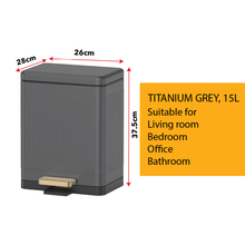 Load image into Gallery viewer, 15L titanium grey step-pedal trash can, compact rectangular waste / trash bin for home, office, bedroom or bathroom with space-saving design