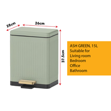 Load image into Gallery viewer, 15L ash green step-pedal trash can, compact rectangular waste / rubbish bin for home, office, bedroom or bathroom with space-saving design