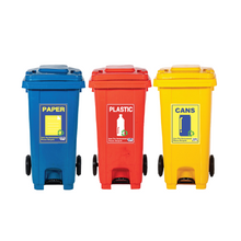 Load image into Gallery viewer, Three mobile garbage bins in blue, red, and yellow, each with a label indicating the type of waste they accept: paper, plastic, and cans.