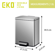 Load image into Gallery viewer, 12L EKO Stainless steel step-on trash/rubbish bin with dimensions 27.2 cm x 25.9 cm x 39.5 cm