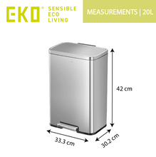 Load image into Gallery viewer, 20L EKO stainless steel step-on trash/rubbish bin with dimensions labeled 33.3 cm x 30.2 cm x 42 cm