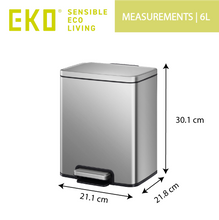 Load image into Gallery viewer, 6L EKO Stainless steel step-on trash/rubbish bin with dimensions 21.1 cm x 21.8 cm x 30.1 cm