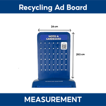 Load image into Gallery viewer, Blue recycling advertising board labeled “Notes &amp; Cardboard,” featuring a perforated display panel with QR code and measurement dimensions shown.