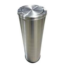 Load image into Gallery viewer, Tapered stainless steel trash can with round swing lid, featuring a brushed metal finish and sleek modern design for durable and convenient everyday waste disposal
