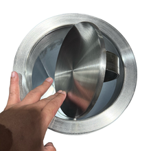 Load image into Gallery viewer, Hand pushing stainless steel swing lid on round trash can, featuring a brushed metal finish and smooth push-open mechanism for easy and hygienic waste disposal