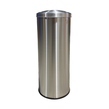 Load image into Gallery viewer, Tall cylindrical stainless steel trash can with a brushed metal finish, featuring a domed swing lid and sleek modern design for durable and efficient waste disposal