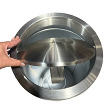 Load image into Gallery viewer, Stainless steel trash can with round swing lid shown open, featuring a durable brushed metal finish and push flap mechanism for easy hands-free waste disposal