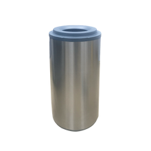 Load image into Gallery viewer, A free-standing stainless steel trash can with a powder-coated top.