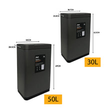 Load image into Gallery viewer, Two matte black rectangular sensor trash cans in 30L and 50L sizes, modern minimalist design, flat lids and durable construction for hands-free waste disposal in home or kitchen use