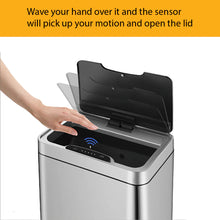 Load image into Gallery viewer, Stainless steel sensor trash can with automatic lid opening, a motion detection system activated by hand movement for convenient hands-free operation and modern kitchen use