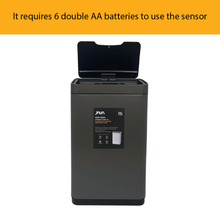 Load image into Gallery viewer, Matte black rectangular sensor trash can with lid open, featuring a modern minimalist design, touchless operation and durable construction for convenient hands-free waste disposal