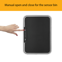 Load image into Gallery viewer, Hand pressing touch control panel on rectangular trash can lid, featuring a modern sensor interface with LED indicators for convenient open and close operation