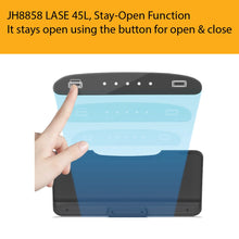 Load image into Gallery viewer, Hand pressing touch button on transparent control panel of EKO JH8858 LASE 45L trash can, stay-open function with modern sensor interface and convenient lid control
