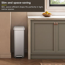 Load image into Gallery viewer, EKO stainless steel trash/rubbish slim bin, perfect in a kitchen placed in a small/tiny space inbetween cabinet and wall