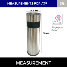 Load image into Gallery viewer, AT9 28L stainless steel trash can dimensions with fingerprint-proof finish, modern commercial ashtray bin with sleek cylindrical design