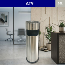Load image into Gallery viewer, AT9 28L stainless steel indoor trash can with ashtray top, modern office waste bin for commercial spaces, sleek lobby and workspace design