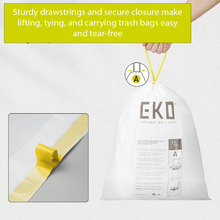 Load image into Gallery viewer, EKO drawstring trash bags with strong handles and secure closure, easy tie and carry garbage bags designed to prevent tearing and leaks