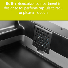 Load image into Gallery viewer, EKO stainless steel bin with deodorizer compartment built in the bin to reduce unpleasent smell