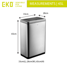 Load image into Gallery viewer, 45L EKO stainless steel sensor trash / rubbish bin with dimensions labeled 33cm by 28cm by 65cm